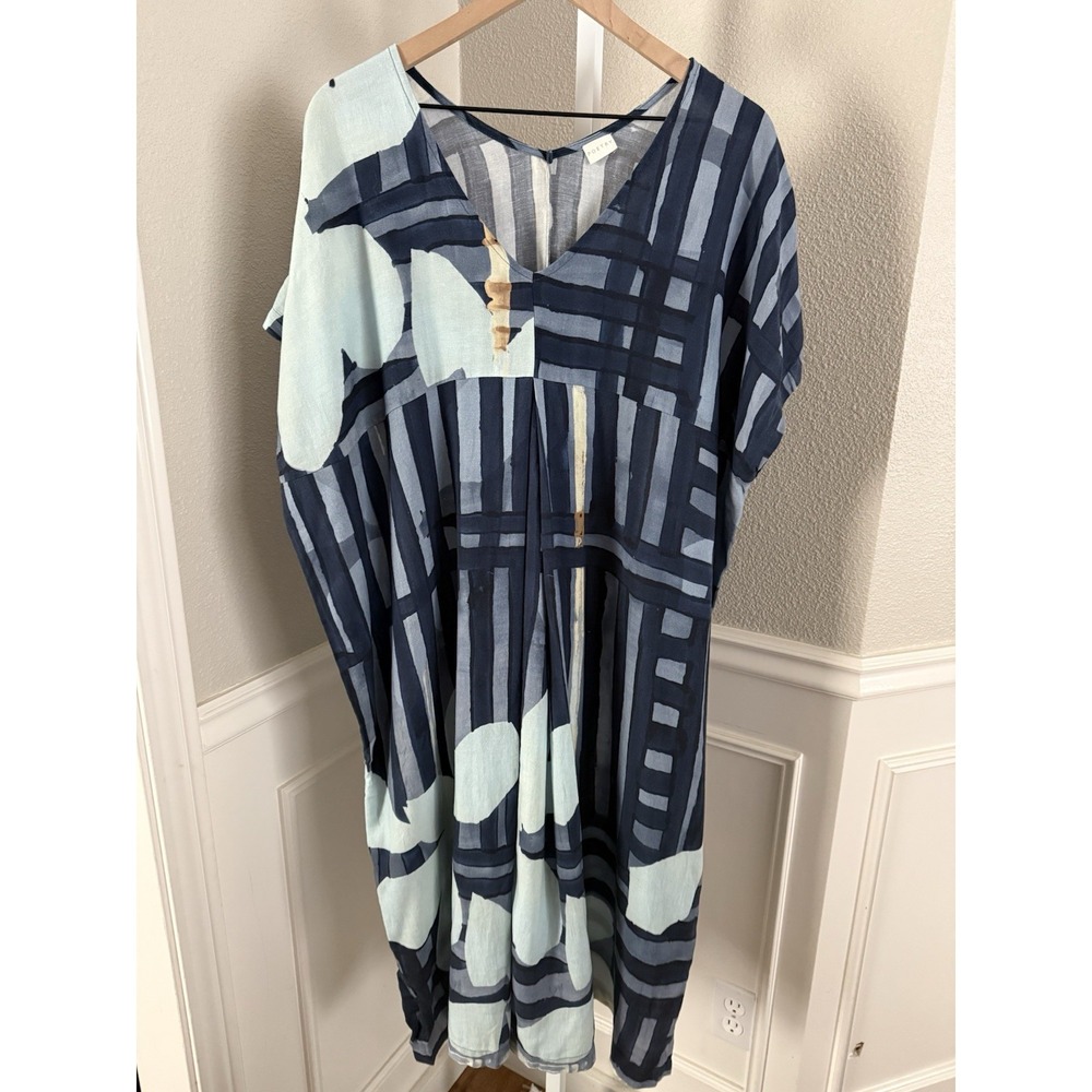 Poetry Striped Abstract Lyocell Linen Dress Lagenlook Artsy Lightweight Size 16